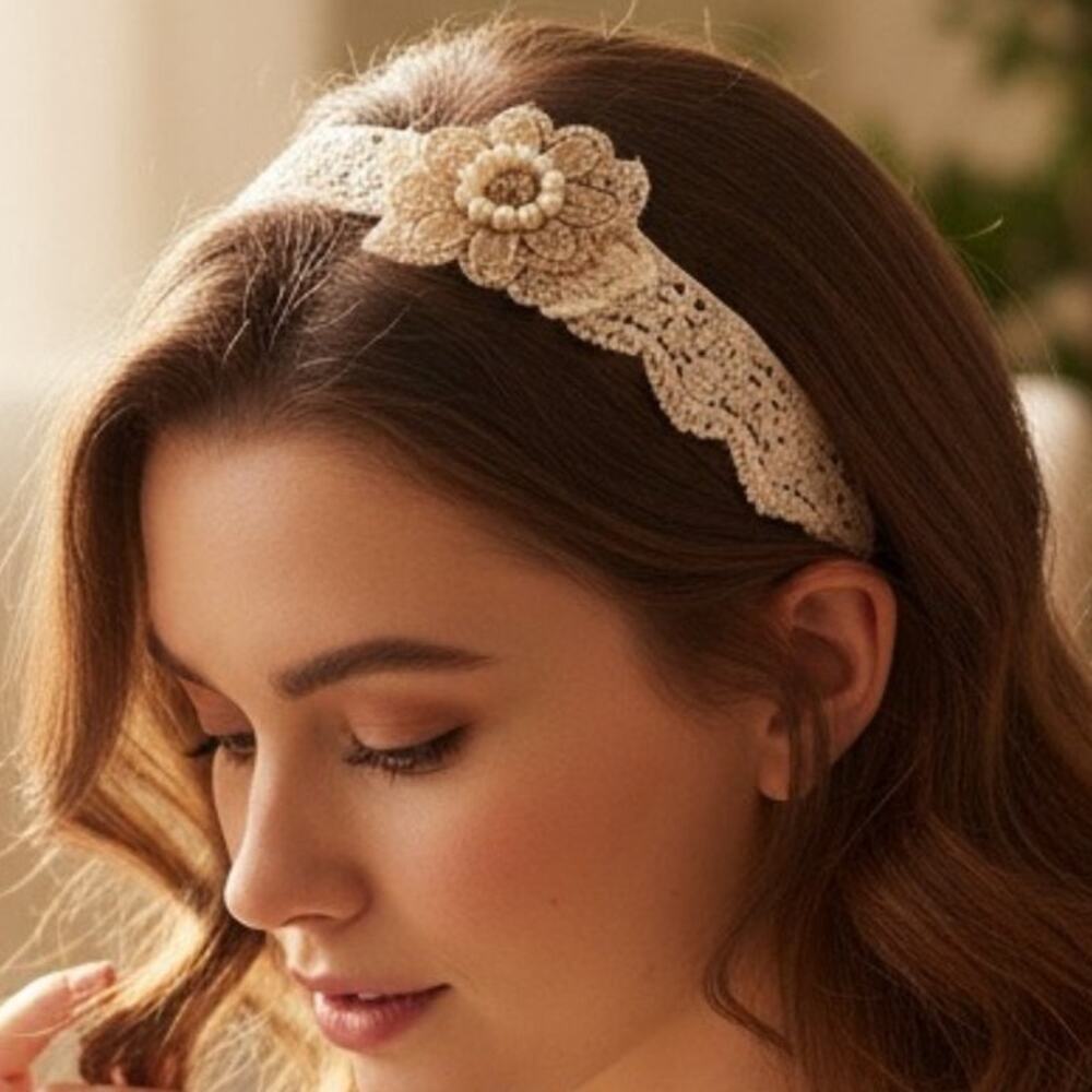 Crochet Lace Flower Pearl Rhinestone Elastic Back Fashion Headband  NWT